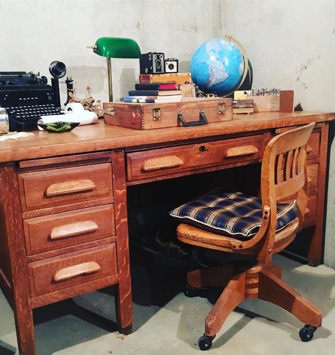 Antique Teacher's Desk from School in Walden, CO, Wooden Swivel/Rolling Desk Chair, Globe, Desk Lamp, Royal Typewriter, Vintage Cameras, Leather Working Tools 