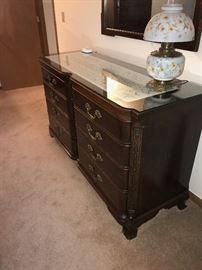 STUNNING ANTIQUE SOLID MAHOGANY BEDROOM SET-INCLUDES LONG DRESSER WITH MIRROR, NIGHTSTAND AND TALL CHEST OF DRAWERS