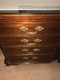 STUNNING ANTIQUE SOLID MAHOGANY BEDROOM SET-INCLUDES LONG DRESSER WITH MIRROR, NIGHTSTAND AND TALL CHEST OF DRAWERS