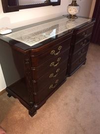 STUNNING ANTIQUE SOLID MAHOGANY BEDROOM SET-INCLUDES LONG DRESSER WITH MIRROR, NIGHTSTAND AND TALL CHEST OF DRAWERS