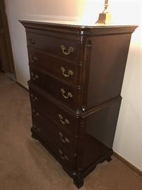 STUNNING ANTIQUE SOLID MAHOGANY BEDROOM SET-INCLUDES LONG DRESSER WITH MIRROR, NIGHTSTAND AND TALL CHEST OF DRAWERS