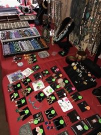 TONS OF COSTUME JEWELRY- PIERCED EARRINGS, RINGS, BROOCHES, CLIP-ON EARRINGS, BRACELETS AND NECKLACES