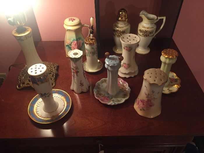 Antique Hatpin Holder collection, porcelain, hand decorated, and a very nice lamp made from an antique hatpin holder, as shown.