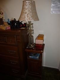 SMALL SIDE TABLE, LAMP, BOXES