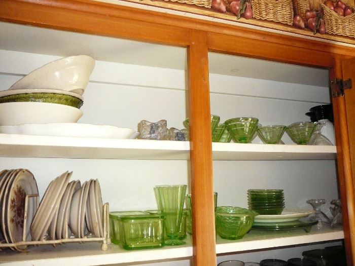 GREEN DEPRESSION GLASS REFRIGERATOR BOXES, SHERBET GLASSES , CAKE PLATE AND MORE! 