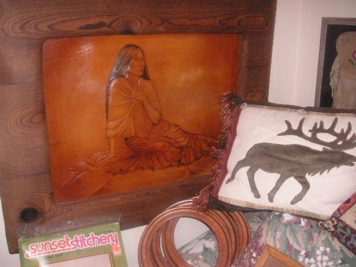 Beautiful and unusual Indian leather painting...moose pillow