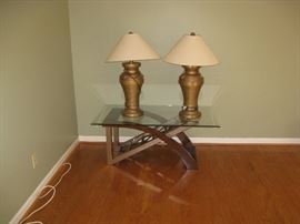 Unique glasstop coffee table and lamps