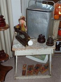  Primitive stool,  Old wall phone  and vintage metal cooler
