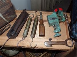Vintage scales, mini vice and Vintage Can and bottle Opener