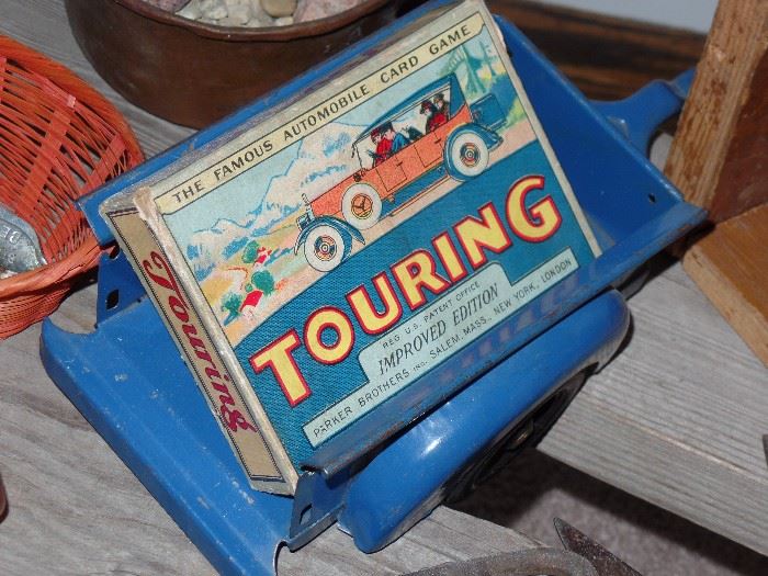  Vintage Touring Automobile Card game and metal trailer for pick up 