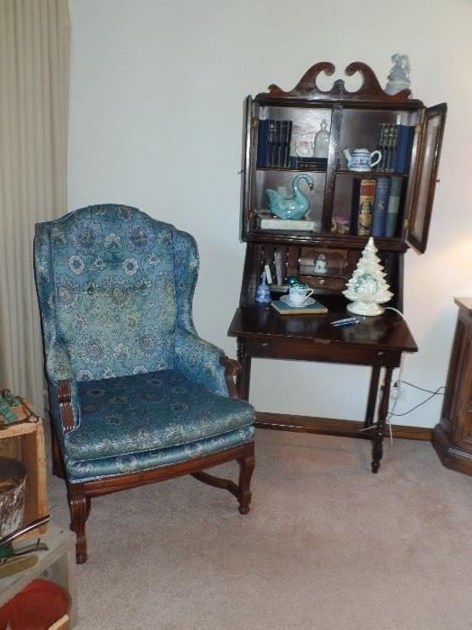 Wing back chair and, beautiful secretary desk 