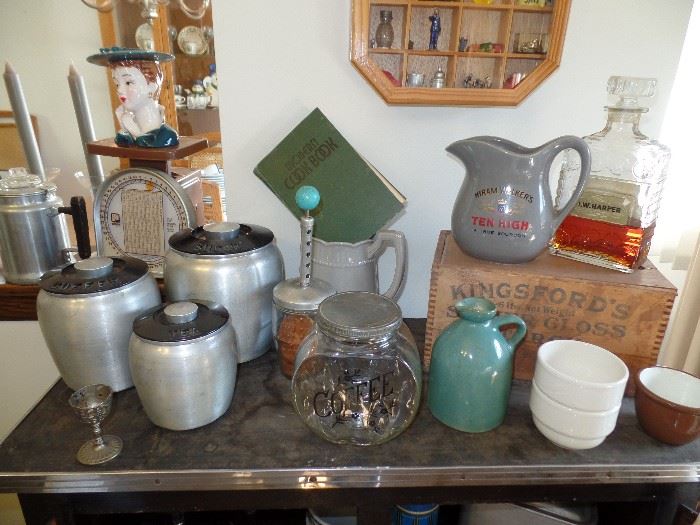  Vintage canisters, coffee jar, cookbook, clay creamer, food chopper, 