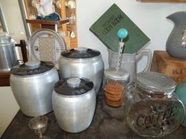 Mid-Century, Metal canister set, coffee jar, food chopper,