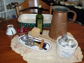 Large copper pitcher and Longaburger casserole with basket.