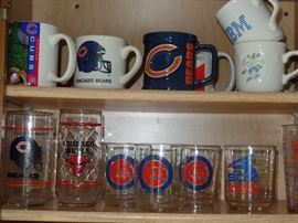 Chicago Bear, Cubs, Bulls, and Sox cups and glasses