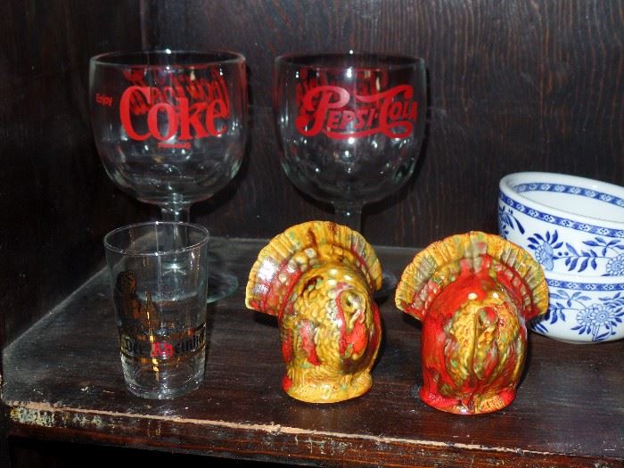  Large Coke and Pepsi glasses and turkey salt and pepper shaker 