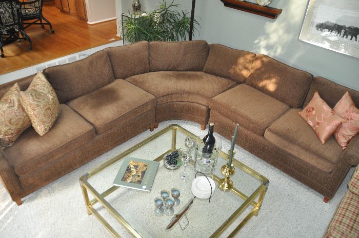 Spectacular custom brown chenille 113" x 104" three piece loose pillow back sectional