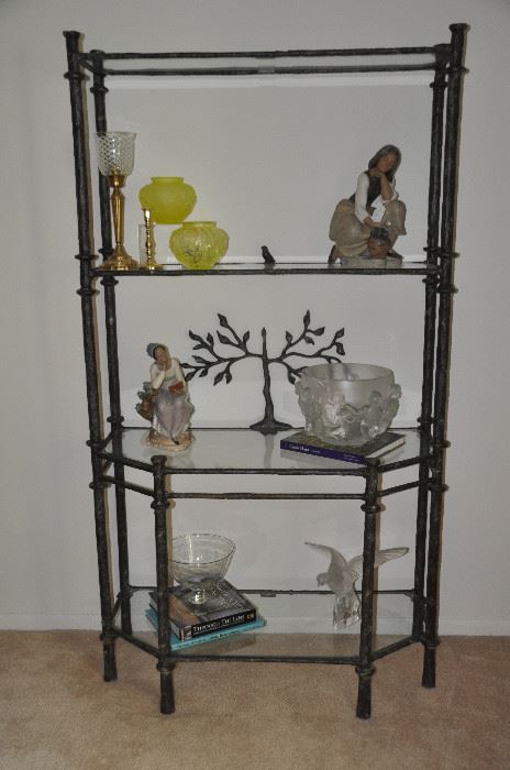 Amazing wrought iron and glass etagere with tree and bird details!  42"W x 76"H x 18"D