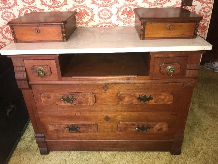 Marble top black walnut antique dresser with hanky drawers 