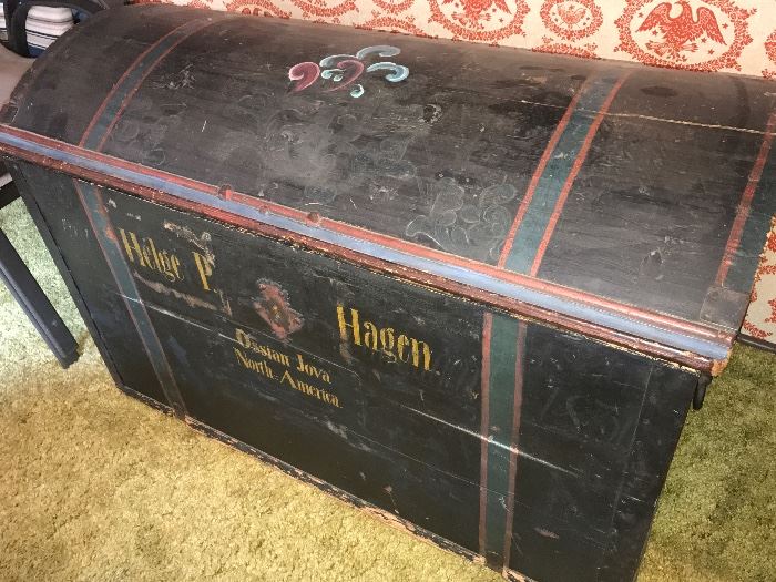 Antique Norwegian steamer trunk with some Rosemaling. 