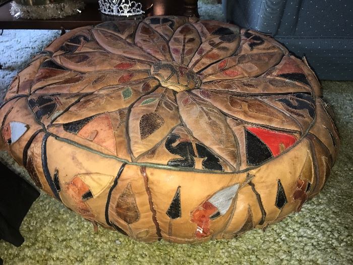 Fun vintage leather ottoman/foot stool. (As is)