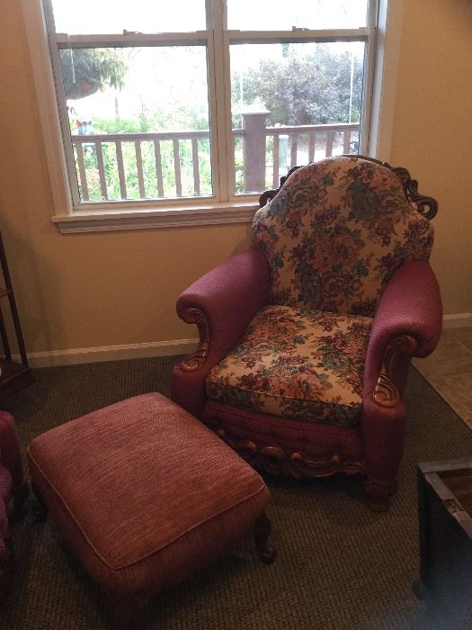 Antique floral chair and ottoman
