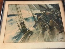 Listed artist James Milton Sessions watercolor  dated 1937.  An early piece  Cod fishing