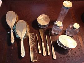 Impressive and large sterling silver gold  vermeil  vanity dresser set with guilloche decoration.