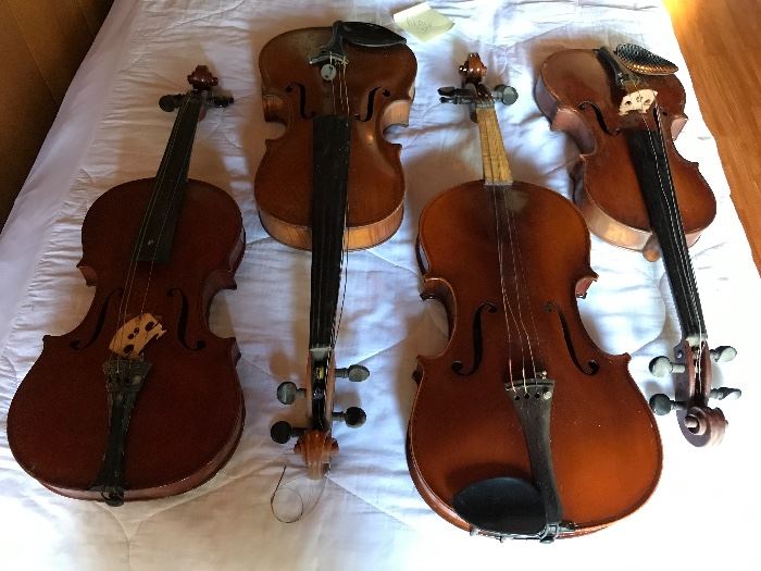 Antique and vintage violins and violas,  in need of repair.  No bows. one dated Venice 1925, Peternella
