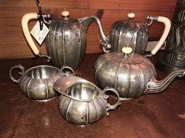 Mappin and Webb English heavy  sterling silver melon shaped, chased tea/coffee service