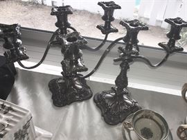 Ellis Barker Old Sheffield 3 arm candelabra pair