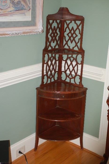 Miniature wood corner cabinet with scroll work
