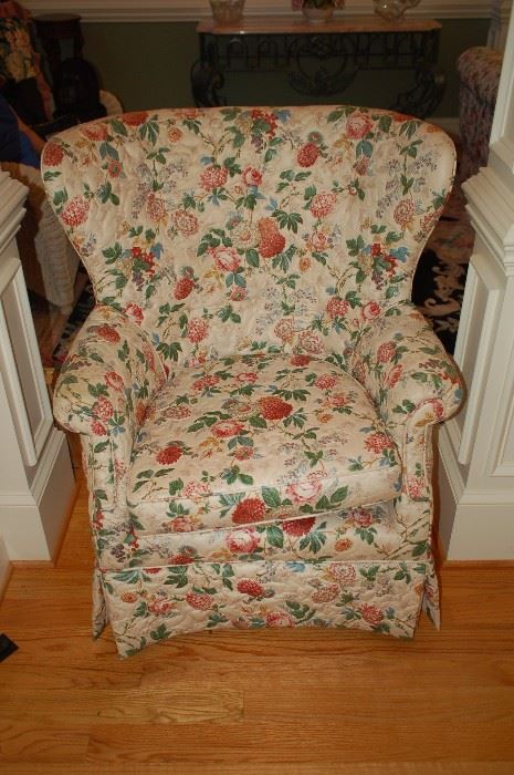 Floral straight back chair with ottoman
