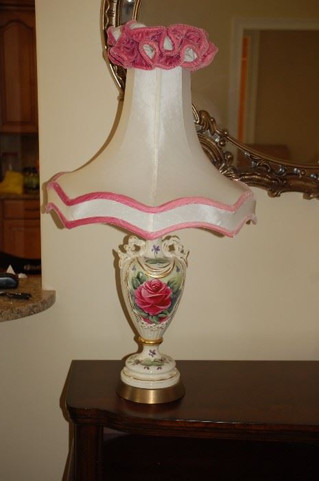 Ceramic lamp, with rose picture and pink trimmed shade
