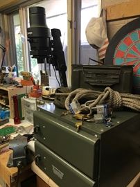 Interesting garage items along with a hobby area