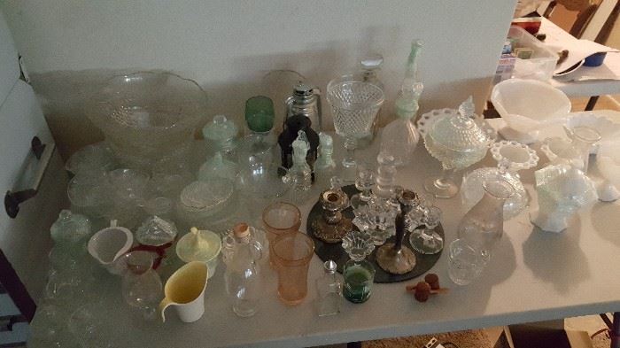 Crystal, glass and vintage milk glass pieces.