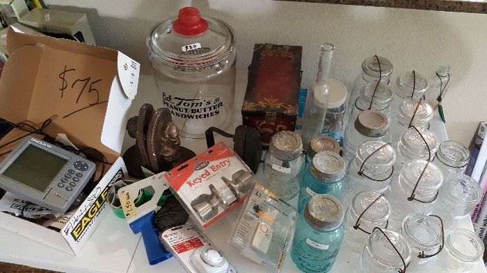 Vintage items. Tom's cookie jar. Mason jars.