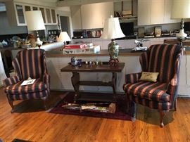 Pair of custom covered wing-back armchairs