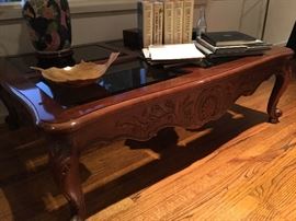 Henredon Versailles coffee table with beveled glass, approx 42 by 52"