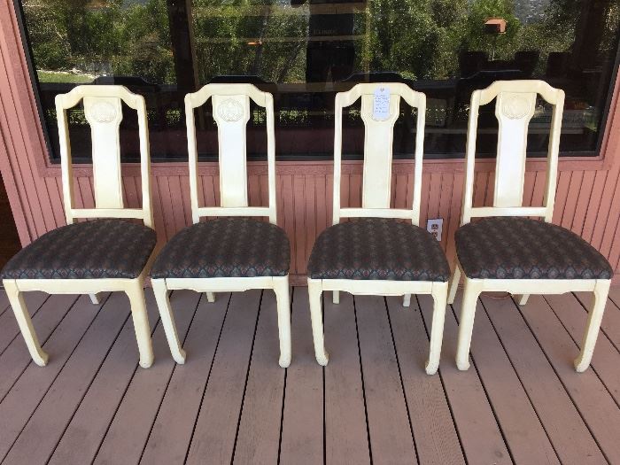 Set of 4 white lacquered Asian dining chairs by Chaircraft (chairs need re-glueing) sold as is