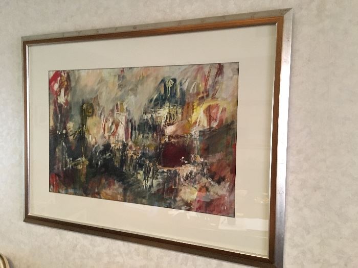 "Embarkation" mid-century abstract circa 1959 original casein painting by Dallas artist and Austin resident Louise LaBauve Saxon