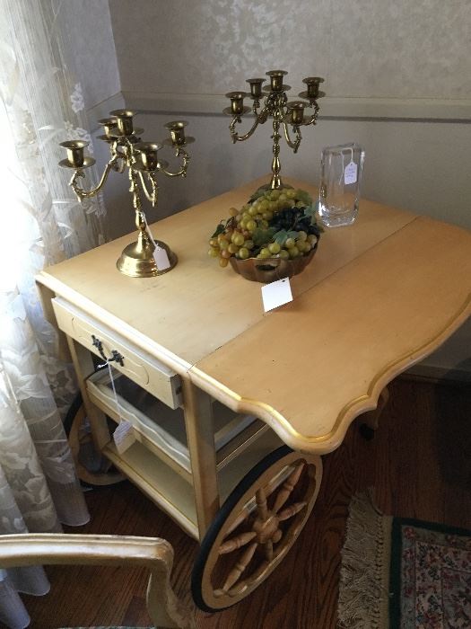 Country French serving cart with dropdown leaves and removable glass tray