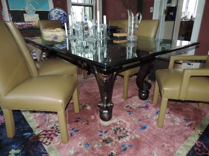 custom made DR table with glass top - chairs, rug and accessories shown are ALL FOR SALE !