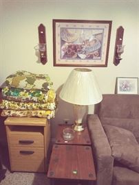 Misc.Items (File, End Tables, Lamp, Wall Sconces & Picture) Blankets.