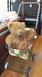 Vintage stroller & a couple teddy bears