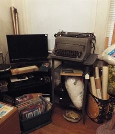 Vintage typewriter & stand, TV & stand, lots of sewing & office stuff