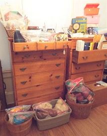 Two pine chests, more needlework supplies