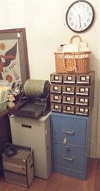 File cabinets, card file & a mimeograph machine