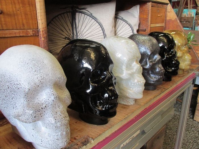 Recycled glass skull sculptures