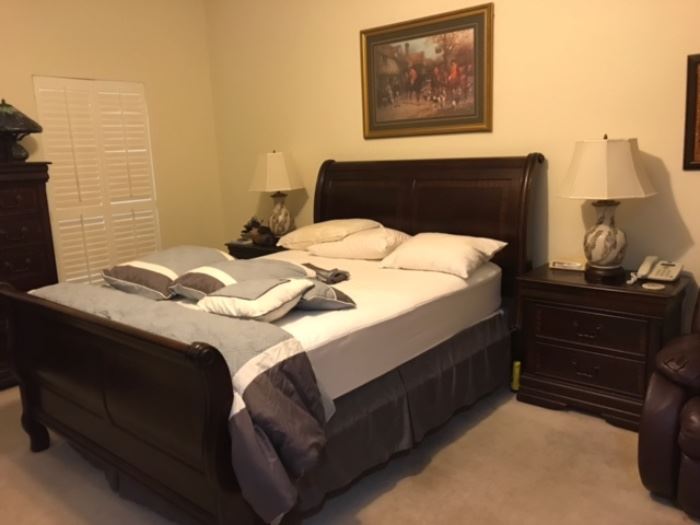 Sleigh style Queen size bed & mattress, two matching night stands